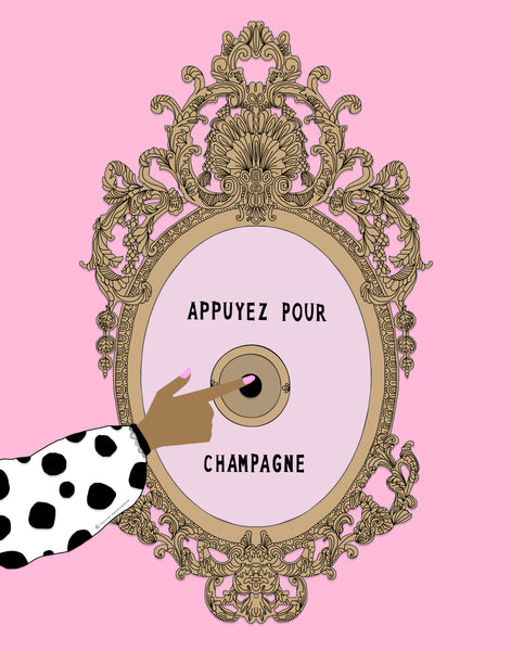 "Appuyez Pour Champagne"; Pink Background (GREETING CARD).